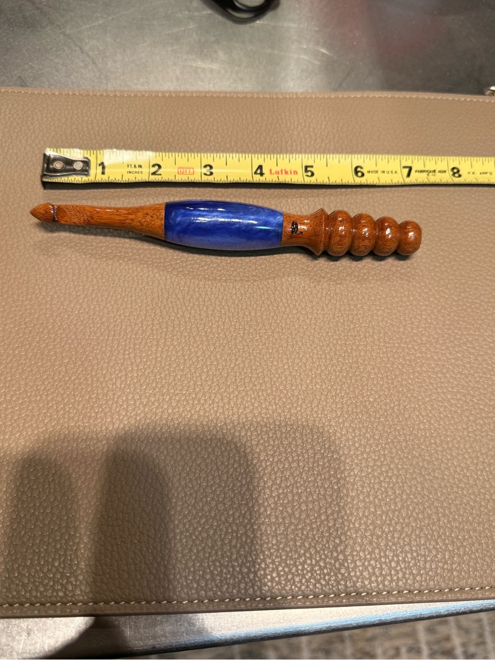 Handcrafted Wooden Crochet Hook with Blue Resin Accent